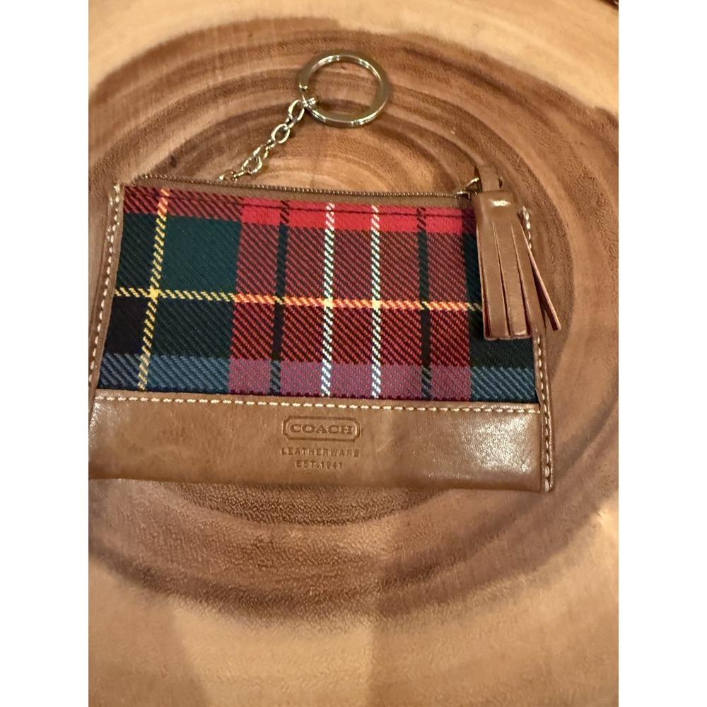 Coach Y2K Holiday  Mini Wool Tartan Plaid Zip Card Case Keychain Brown Leather
